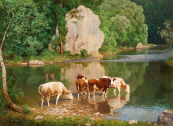 Юлиус Хьюго Бергманн. Коровы на водопое. Холст, масло. 80,3х109,8. До 1940 года. Частная коллекция.
