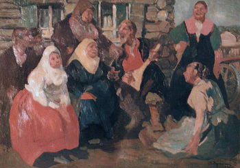 Бучкин Пётр Дмитриевич. Посиделки. Картон, масло. 50,5х71. 1928. Угличский государственный историко-архитектурный и художественный музей.