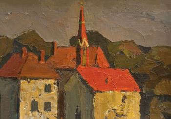 Чемсо Виктор Муссович. Крыши костёла. Картон, масло. 24х34. 1986. Ставропольский краевой музей изобразительных искусств.