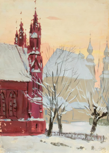 Шевченко Адольф Александрович. Костёлы. Бумага, гуашь. 39,5х28. 1952. Калининградский областной музей изобразительных искусств.
