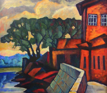 Черкасов Николай Иванович. Челябинск. У филармонии. Картон, масло. 50х55. 1983. Челябинский государственный музей изобразительных искусств.