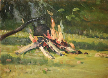 Кузнецов Дмитрий Иванович. Костёр. Картон, масло. 15,5х21. 1911. Бийский краеведческий музей имени В.В.Бианки.