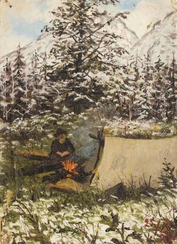 Лытнев Алексей Фёдорович. У костра. Холст, масло. 30,4х22,5. 20 век. Государственный художественный музей Алтайского края.