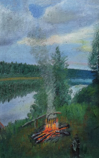 Попов Георгий Иванович. Костёр на Сухоне. Холст на фанере, масло. 36х24. 1966. Тотемское музейное объединение.