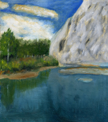 Баранов Александр Георгиевич. Горное озеро. ДВП, масло. 24,5х22. 1990-е. Городской музей (Сосновоборск).