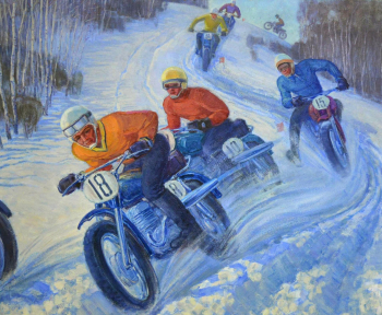 Диль Бруно Андреевич. Мотогонщики. ДВП, масло. 100х120. 1977. Канский краеведческий музей.