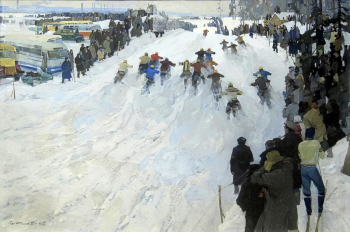 Постников Борис Анатольевич. Мотокросс. Холст, масло. 120х171. 1967. Удмуртский республиканский музей изобразительных искусств.