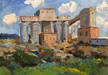 Дубовиков Виктор Борисович. Бетонный завод в Зеленограде. Картон, масло. 34,5х49,5. 1969. Музей Зеленограда.