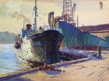 Улупов Марк Иванович. Мурманск. Рыбный порт. Бумага, темпера. 30,2х40,2. 1962. Картинная галерея (Красноармейск).