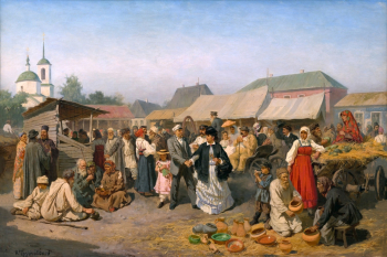 Трутовский Константин Александрович. Базар в провинции. Холст, масло. 71х105,5. 1870-е. Государственная Третьяковская галерея.