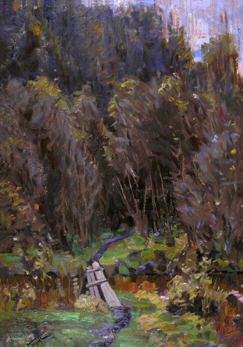 Бальзамов Сергей Парменович. Княж-ручей на Волхове. Картон, масло. 69,4х47,8. 1972. Историко-этнографический музей-заповедник Шушенское.