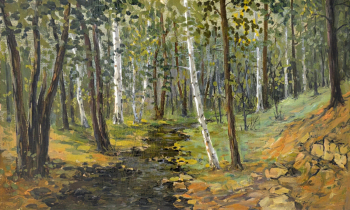 Легин Владимир Михайлович. Ручей в лесу. Картон, масло. 23х37,5. 1989. Краеведческий музей городского округа Сызрань.
