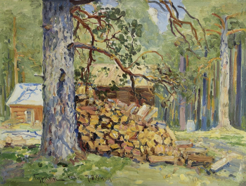Чорос-Гуркин Григорий Иванович. Поленница дров. Картон, масло. 38х50,5. 1933. Национальный музей имени А.В.Анохина.
