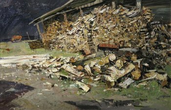 Котов Иван Семёнович. Август. Поленница. Картон, масло. 49,6х79,7. 1971. Художественная культура Русского Севера.
