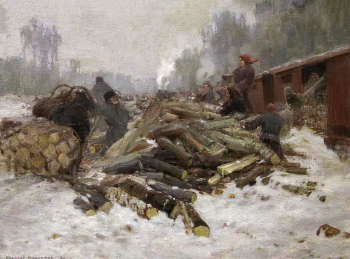 Максимов Кондрат Евдокимович. Погрузка дров в вагоны. Холст, масло. 45х60. 1945. Государственный музей изобразительных искусств Республики Татарстан.