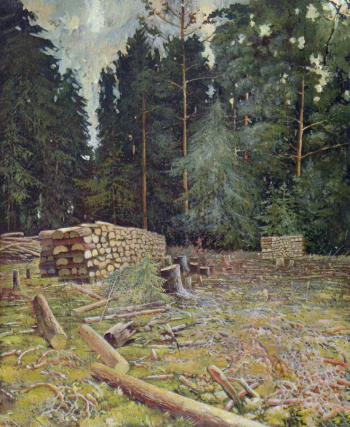 Сысоев Василий Фёдорович. Поленница. Картон, масло. 26х21. 1937. Вологодская областная картинная галерея.