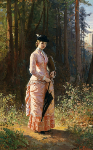 Карл фон Блаас. Дама с зонтиком и папкой. Доска, масло. 32х20,5. До 1894 года. Частная коллекция.