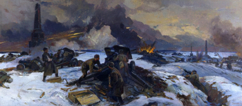 Усыпенко Фёдор Павлович. Бой на Бородинском поле 15 октября 1941 года. Холст, масло. 132х298. 1971. Государственный Бородинский военно-исторический музей-заповедник.