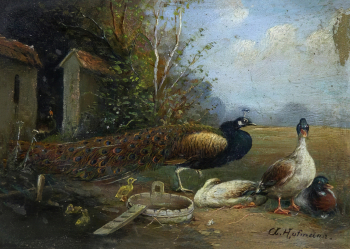 А.Хофманн. Пейзаж с павлином и утками. Доска, масло. 9,7х13,5. 19 век. Челябинский государственный музей изобразительных искусств.