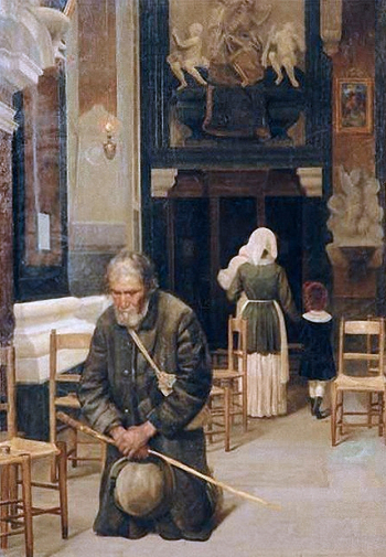 Аскназий Исаак Львович. Нищий в церкви. Холст, масло. 1884. Государственный Русский музей.