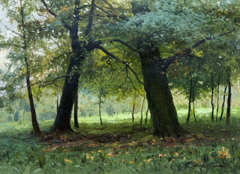 Гречишкин Павел Моисеевич. Дубы в парке культуры и отдыха. Картон, масло. 37х50. 1953. Ставропольский краевой музей изобразительных искусств.