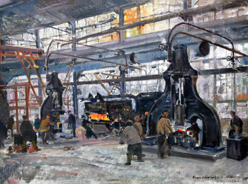 Модоров Фёдор Александрович. В кузнице ЧТЗ. Холст, масло. 54х72. 1932. Челябинский государственный музей изобразительных искусств.