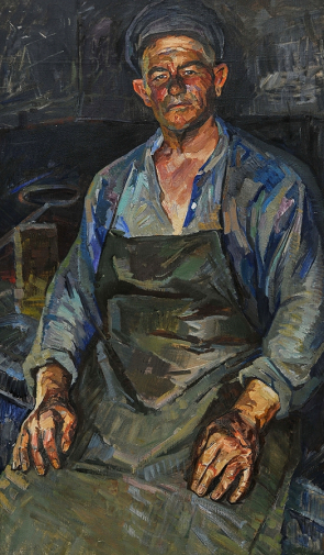 Попов Иван Петрович. Портрет кузнеца. Холст, масло. 167х101. 1967. Новосибирский государственный художественный музей.