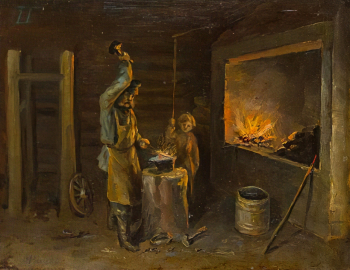 Фищев Александр Владимирович. В кузнице. Картон, масло. 22,5х41,5. 1897. Вятский художественный музей имени В.М. и А.М. Васнецовых.