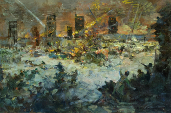 Модоров Фёдор Александрович. Бой у элеватора. Город Калинин. Холст, масло. 40х60. 1942. Государственный Владимиро-Суздальский историко-архитектурный и художественный музей-заповедник.