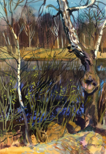 Иткин Анатолий Зиновьевич. Дуплистая берёза. Бумага, акварель. 35,8х25,9. 1985. Московская государственная специализированная школа акварели Сергея Андрияки с музейно-выставочным комплексом.