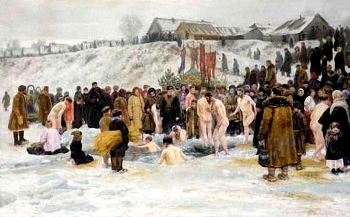 Грандковский Николай Карлович. Купание после благословения воды шестого января. Праздник Богоявления. Холст, масло. 86х135. 1903. Частное собрание.