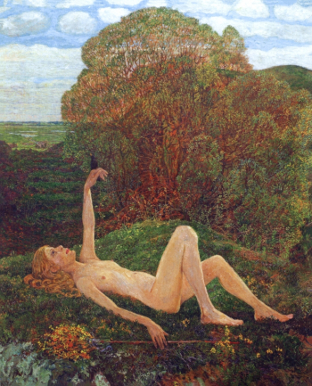 Генрих Фогелер. Весна (Марта Фогелер и чёрный дрозд). Холст, масло. 100,7х80,6. 1909. Музей Ворпсведе.
