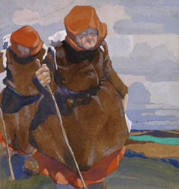 Праведников Евгений Иванович. Старухи-странницы. Бумага, акварель. 23х22. 1909. Дальневосточный художественный музей.