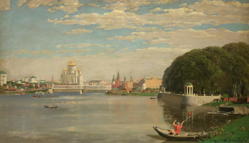 Васнецов Аполлинарий Михайлович. Вид на храм Христа Спасителя, Крымский мост и Кремль со стороны Нескучного сада. Холст на картоне, масло. 35х59. 1878. Государственный научно-исследовательский музей архитектуры имени А.В.Щусева.