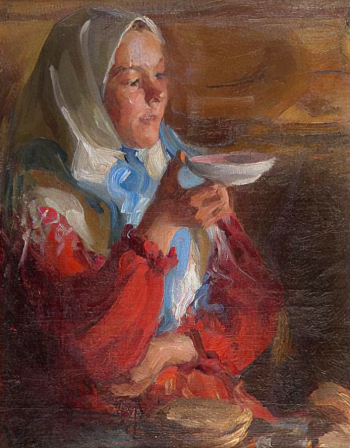 Куликов Иван Семёнович. Крестьянка за чаепитием. Холст, масло. 38х30. 1899. Муромский историко-художественный музей.