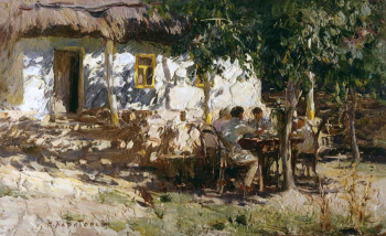 Харитонов Николай Васильевич. Чаепитие под деревом. Холст на фанере, масло. 14,5х23,5. 20 век. Краснодарский краевой художественный музей имени Ф.А.Коваленко.