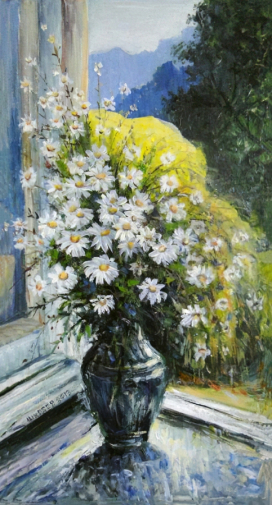 Ширяев Геннадий Александрович. Ромашки. ДВП, масло. 39х64,5. 2013. Октябрьский районный музей.