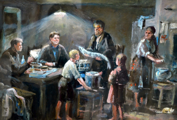 Варсонофьев Сергей Сергеевич. После рыбалки. Картон, масло. 33х48. 1952. Музей-усадьба А.М.Герасимова.