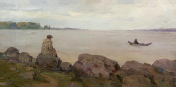 Игошев Владимир Александрович. На рыбалке. Озеро Шарташ. Холст, масло. 30х59,7. 1953. Государственный художественный музей (Ханты-Мансийск).