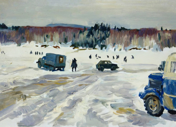 Калабухов Николай Николаевич. Зимняя рыбалка. Картон, масло. 24,3х34,3. 1970-е. Пермский краеведческий музей.