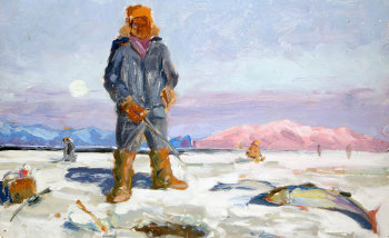 Черпаков Юрий Иванович. Рыбалка на Тунайче. Картон, масло. 21,5х33. 1964. Сахалинский областной краеведческий музей.