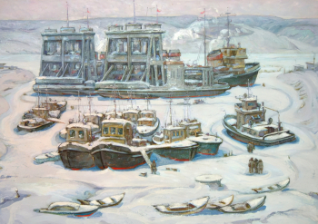 Абросимов Александр Иванович. Амурские паромы. Холст, масло. 100х135. 1978. Музей изобразительных искусств (Комсомольск-на-Амуре).