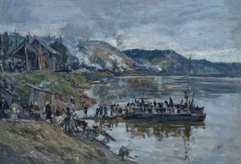 Бирштейн Макс Авадьевич. Паром на Чусовой. Холст, масло. 45х64. 1943. Национальный художественный музей Республики Саха (Якутия).