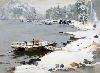 Чорос-Гуркин Григорий Иванович. Паром под снегом. Картон, масло. 23,5х32,3. 1906. Новосибирский государственный художественный музей.