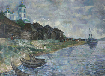 Лебедев Иван Александрович. Пароход у пристани. Холст, масло. 89х64. 1980. Новокузнецкий краеведческий музей.