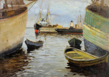 Попов Лукиан Васильевич. Пароходы на Волге. Холст, масло. 21х29. 1905. Оренбургский областной музей изобразительных искусств.