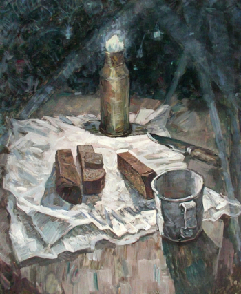 Ларичев Михаил Алексеевич. Блокадный хлеб. ДВП, темпера. 100х80. 1977. Вологодская областная картинная галерея.