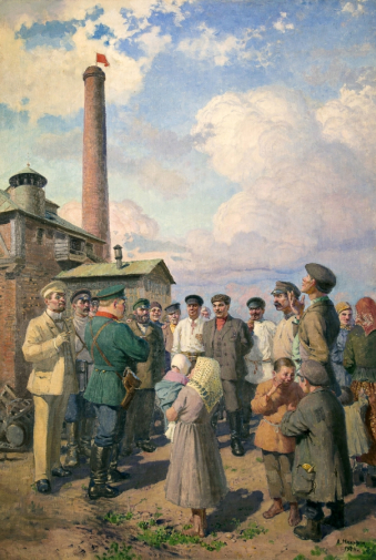 Никулин Андрей Осипович. Собрание у завода. Холст, масло. 158х107. 1944. Государственный художественный музей Алтайского края.