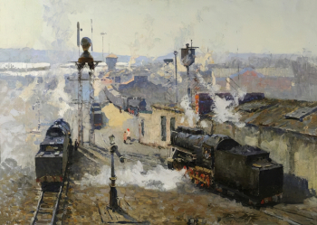 Кузнецов Николай Дмитриевич (1923-1974). Экипировка паровозов в депо. Холст на картоне, масло. 49х70,5. Саратовский государственный художественный музей имени А.Н.Радищева.