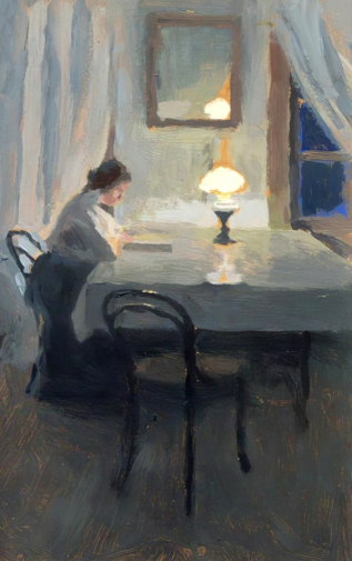 Калиниченко Яков Яковлевич. За чтением. Бумага, масло. 22х14. 1903. Рязанский государственный областной художественный музей имени И.П.Пожалостина.